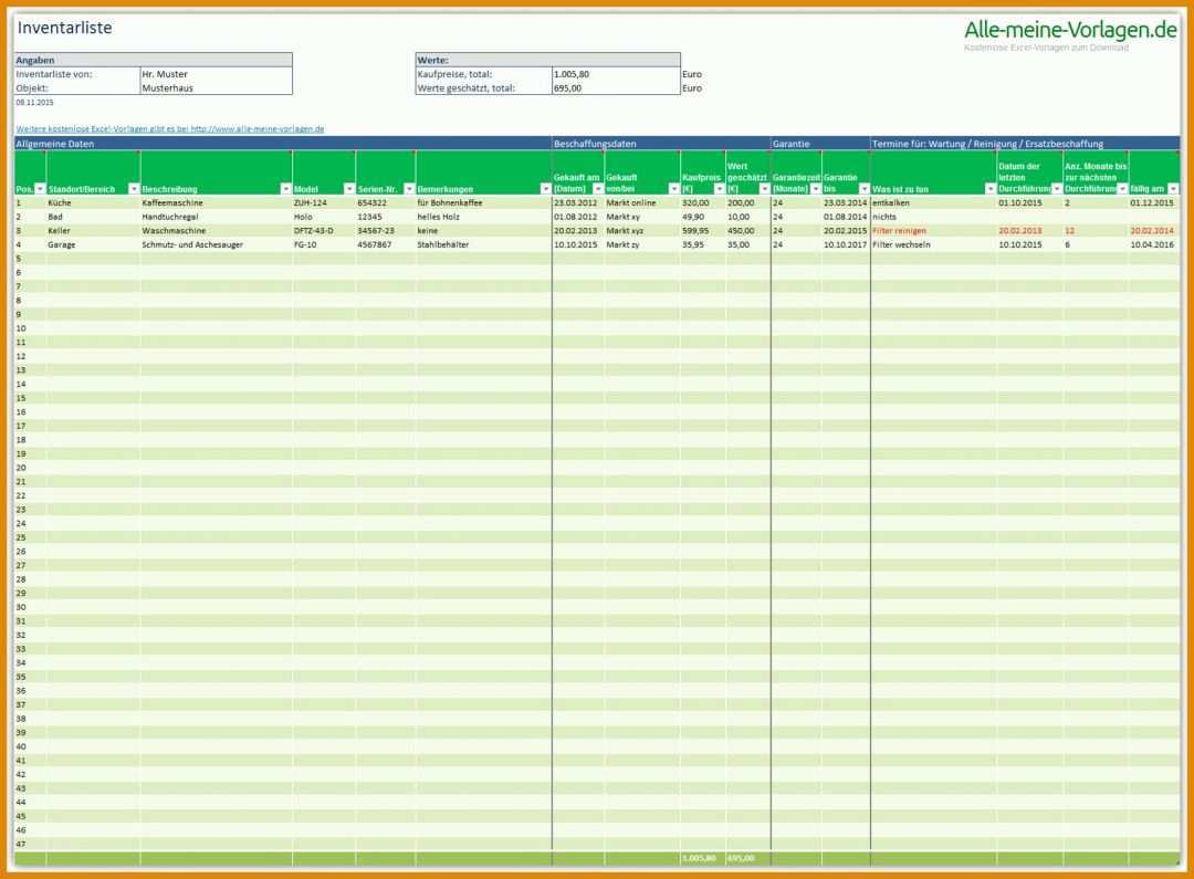 Ausgezeichnet Inventarliste Vorlage 1714x1262