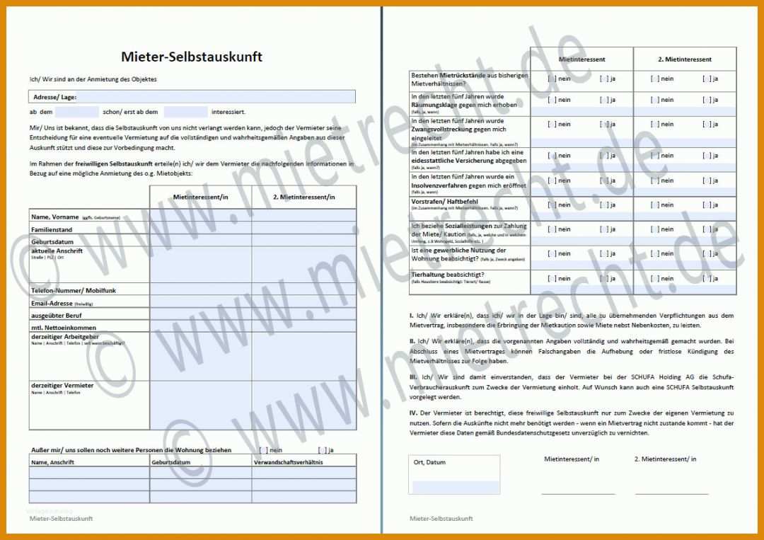 Spektakulär Mieterselbstauskunft Vorlage 1194x843