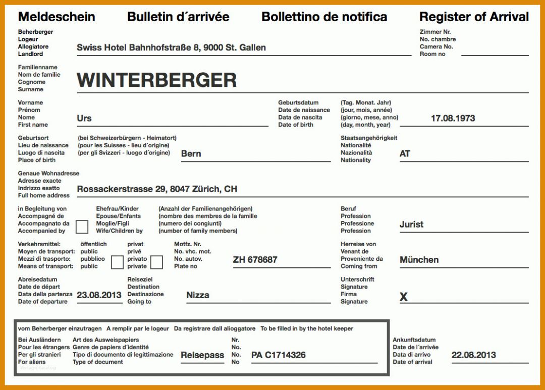 Einzigartig Meldeschein Hotel Vorlage 1110x794