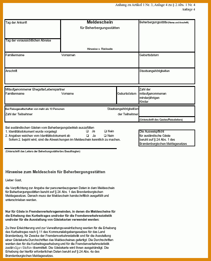 Exklusiv Vorlage Meldeschein Für Beherbergungsstätten 705x874