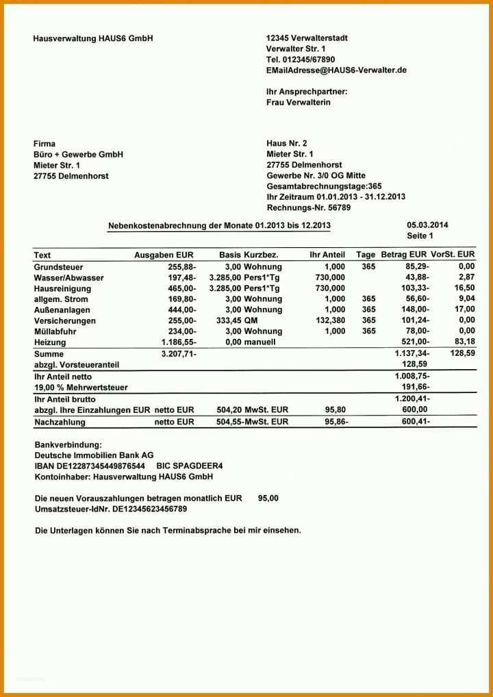 Hervorragend Vorlage Für Nebenkostenabrechnung 1240x1754