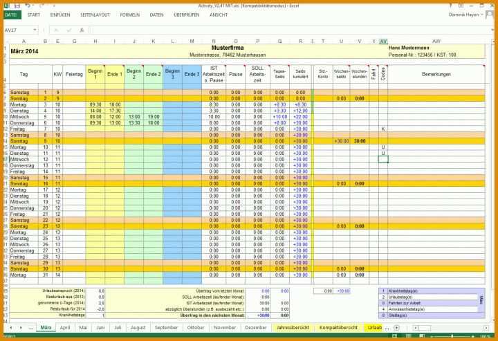 Schockieren Excel Vorlagen Zeiterfassung Kostenlos 1391x953