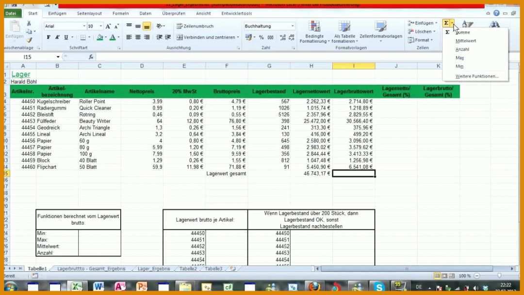 Größte Warenbestand Excel Vorlage 1280x720