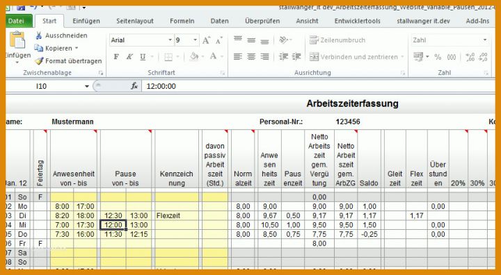 Erschwinglich Excel Vorlage Zeiterfassung Mitarbeiter 861x474