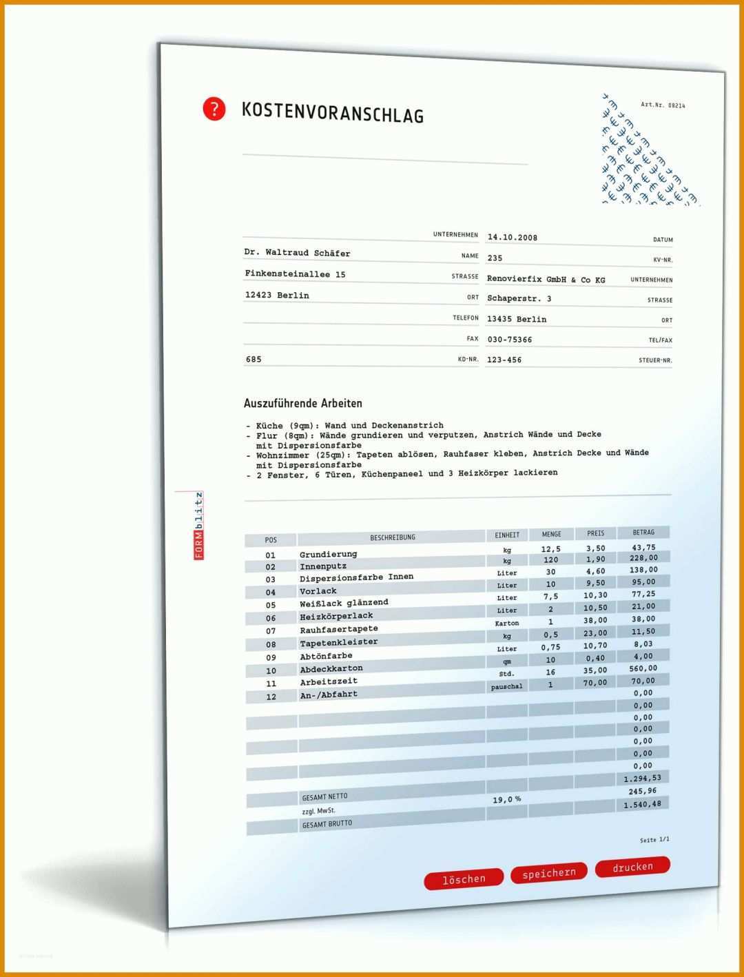 Fabelhaft Kostenvoranschlag Vorlage 1600x2100