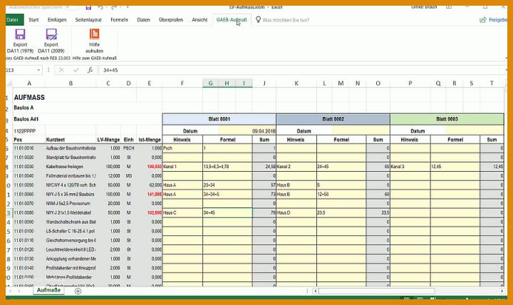 Aufmaß Vorlage Gaeb Excel Aufmass