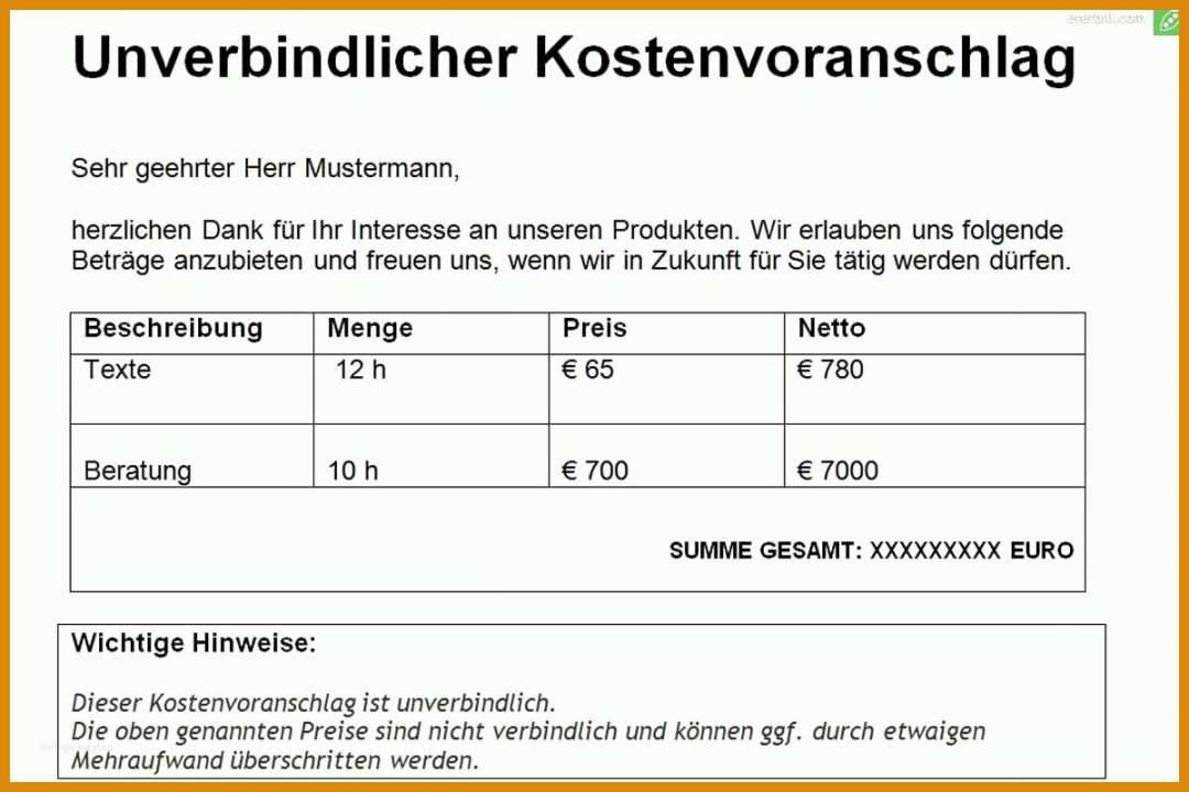 Atemberaubend Kostenvoranschlag Vorlage 1200x800