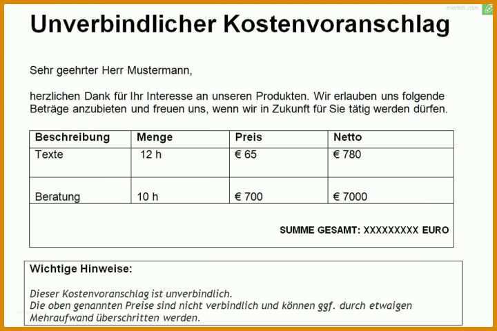 Kostenvoranschlag Vorlage Kostenvoranschlag Vorlage