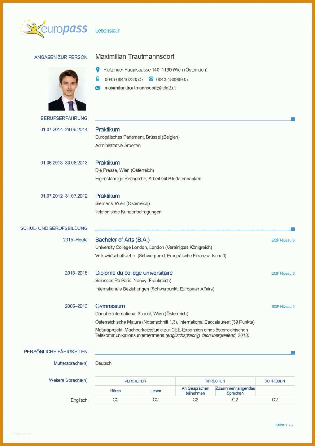 Fabelhaft Lebenslauf Vorlage Europass 1152x1630