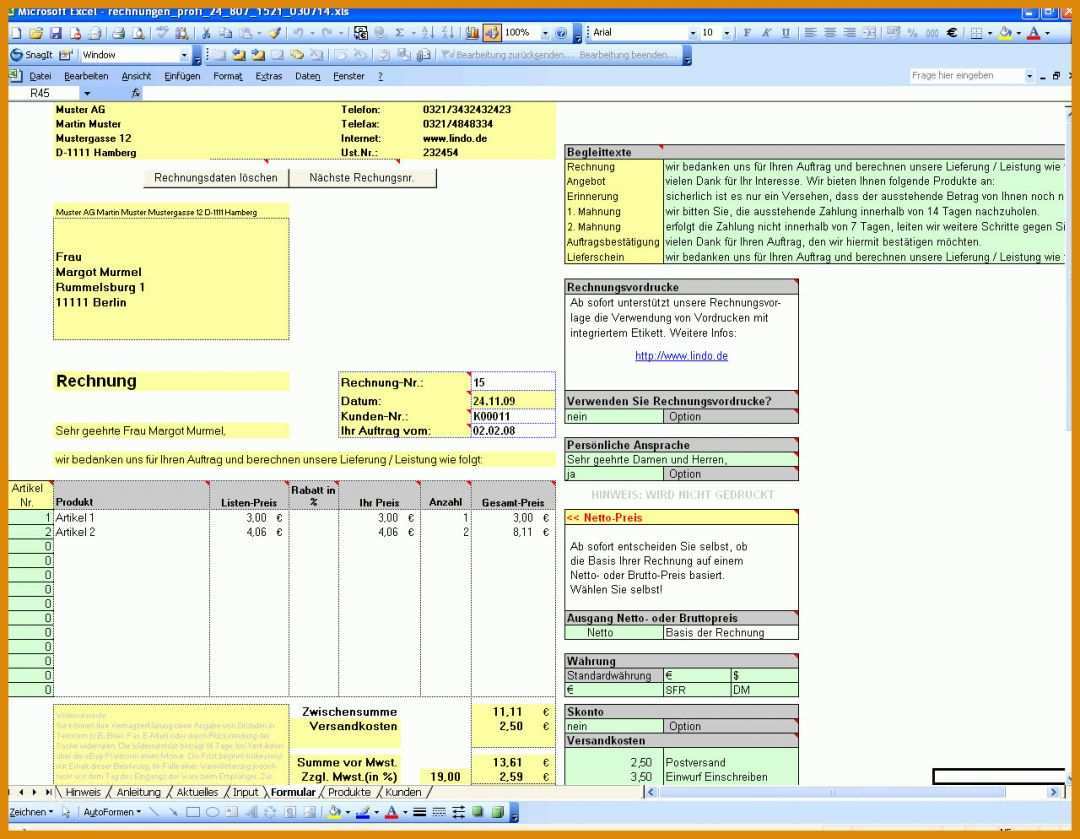 Singular Excel Vorlage Rechnung Kleinunternehmer Kostenlos 1280x994