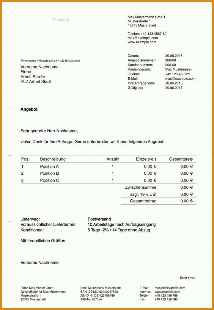 Angebote Muster Vorlage Angebotsvorlage Fuer Pages