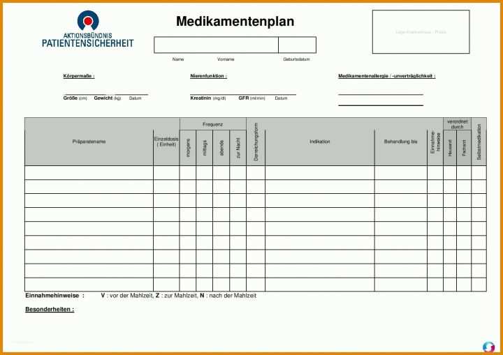 Ideal Medikamentenplan Vorlage 1754x1240