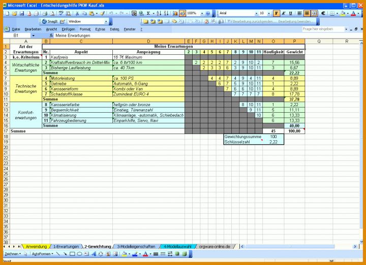 Excel Vorlagen Excel Entscheidungshilfe Pkw Auto Kauf