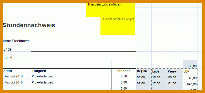 Moderne Vorlage Stundennachweis Excel 708x322