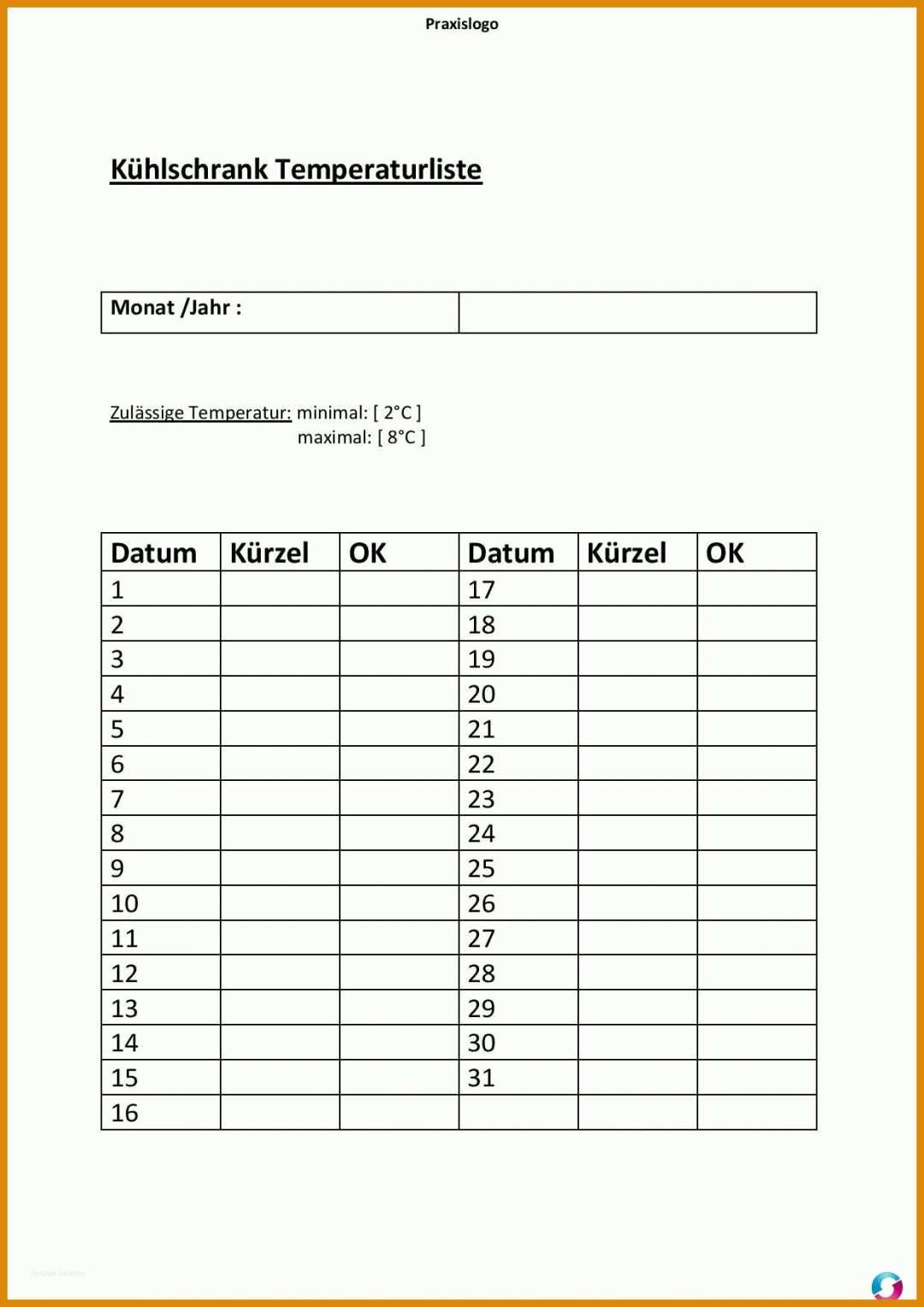 Exklusiv Temperaturliste Kühlschrank Vorlage 1240x1754