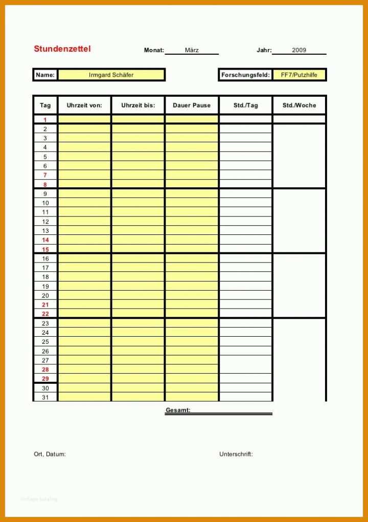 Einzahl Stundenzettel Zeiterfassung Vorlage 728x1031