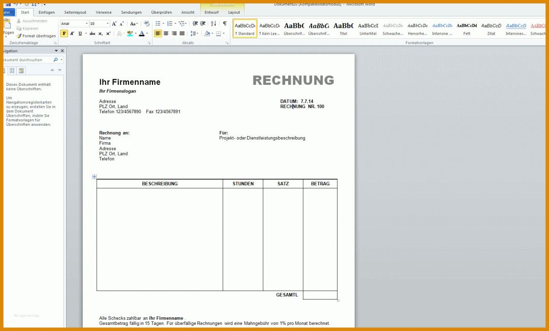 Überraschend Rechnung Schreiben Vorlage Word 1604x968