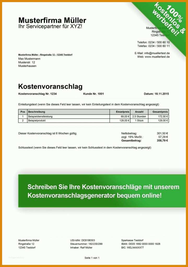 Atemberaubend Kostenvoranschlag Vorlage 899x1272