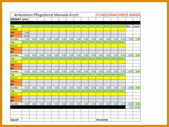 Tolle Vorlage Stundennachweis Excel 800x600