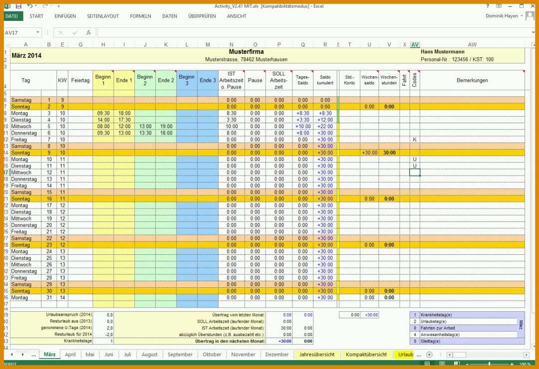 Auffällig Excel Vorlage Arbeitszeit 1391x953