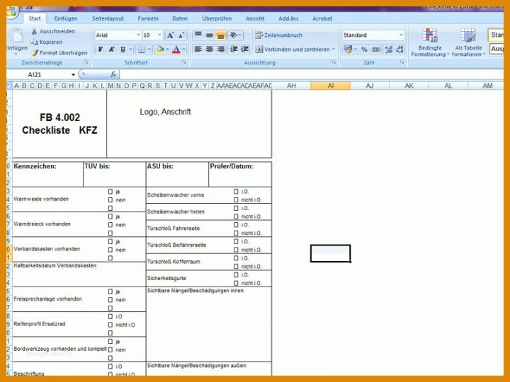 Fahrzeug Checkliste Vorlage Checkliste Kfz