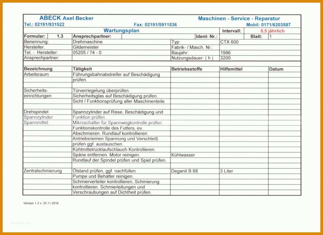 Hervorragend Wartungsplan Vorlage 1216x886