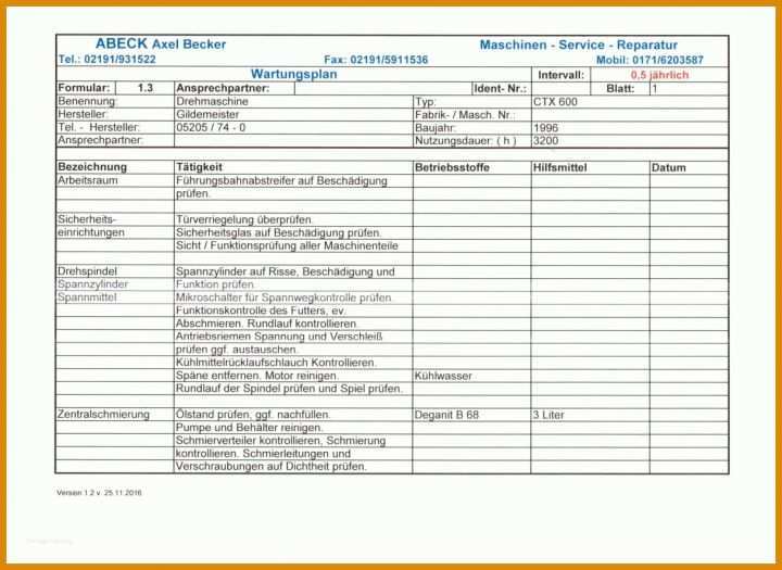 Tolle Wartungsplan Vorlage 1216x886