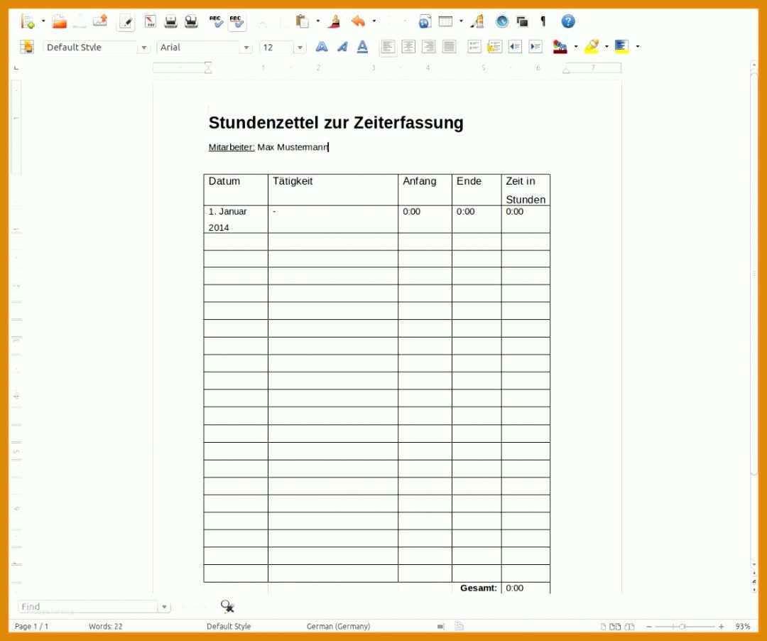 Einzahl Datev Vorlage Arbeitszeit 1180x986