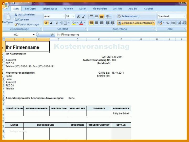 Bemerkenswert Kostenvoranschlag Vorlage 800x600