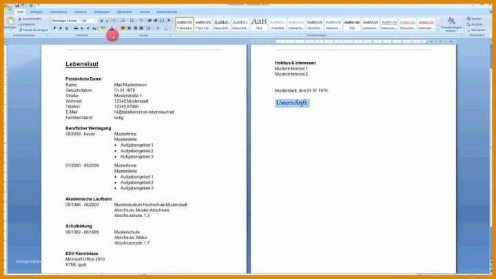 Ausnahmsweise Lebenslauf Vorlage Word 2007 1280x720