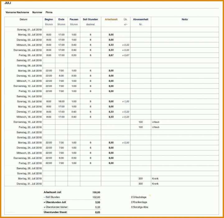 Ausnahmsweise Vorlage Zur Dokumentation Der Täglichen Arbeitszeit 2019 1750x1704