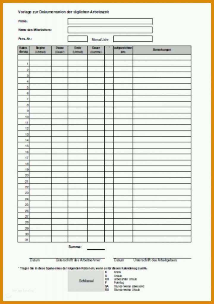 Tolle Vorlage Zur Dokumentation Der Täglichen Arbeitszeit 2019 722x1024