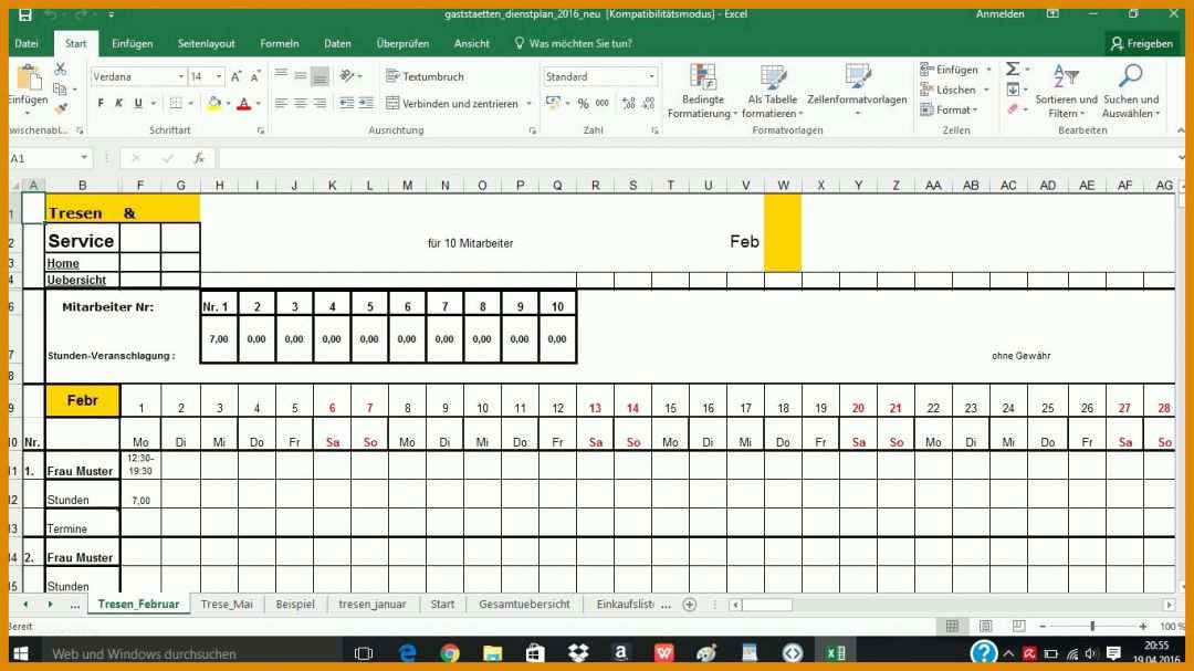 Singular Dienstplan Excel Vorlage 1366x768