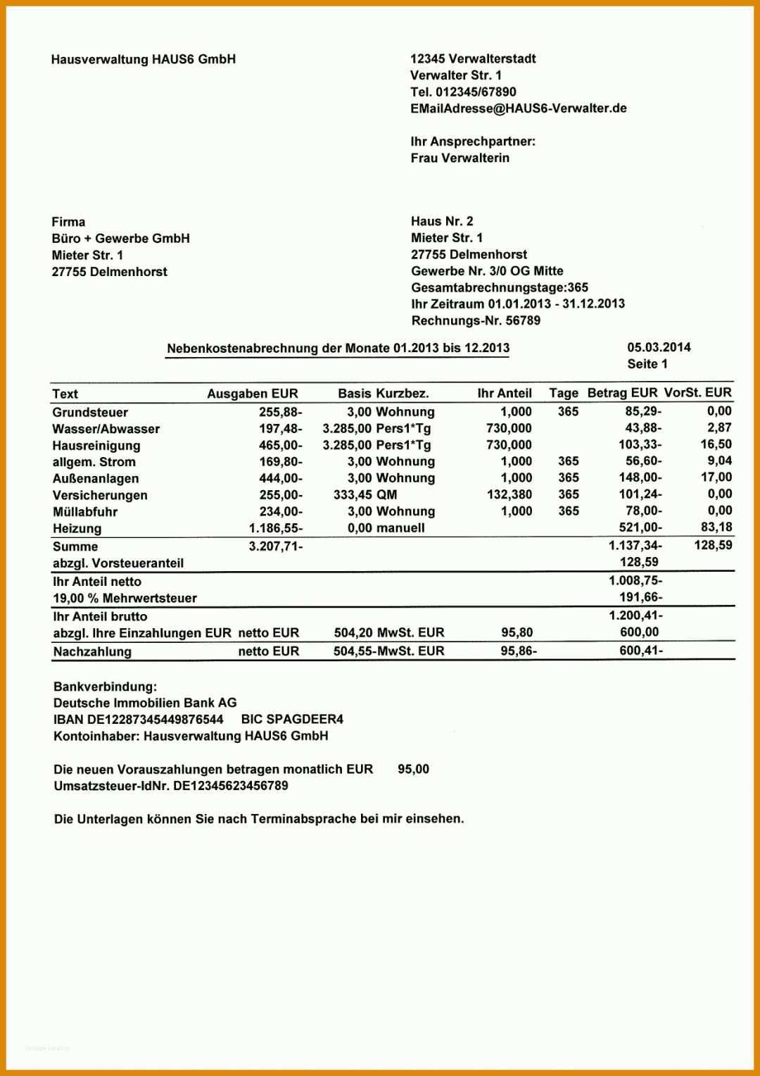 Original Vorlage Nebenkostenabrechnung Kostenlos 1240x1754