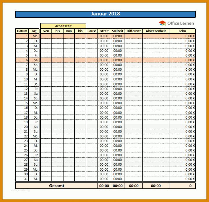 Stundenzettel 2018 Vorlage Excel Arbeitszeitnachweis Vorlagen